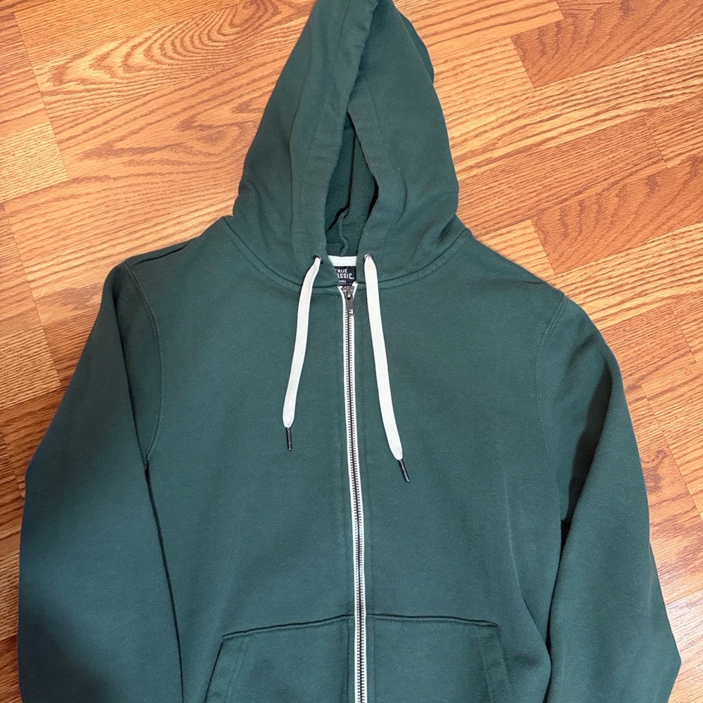 True Classic, Forest Green Full-Zip Hoodie with White Drawstrings small - Picture 5 of 6